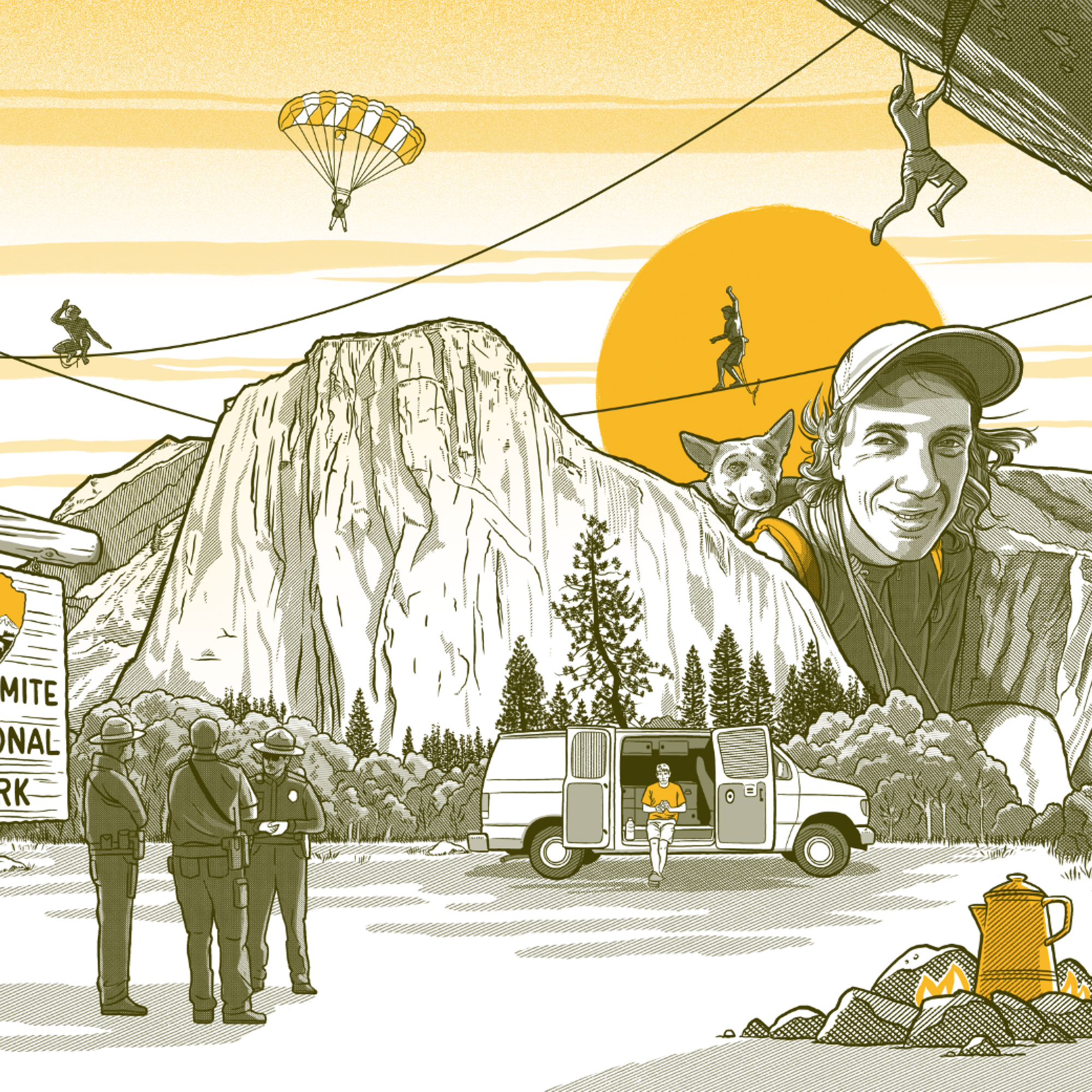 Graphic of Yosemite National Park featuring rock climbers, park rangers, camping.
