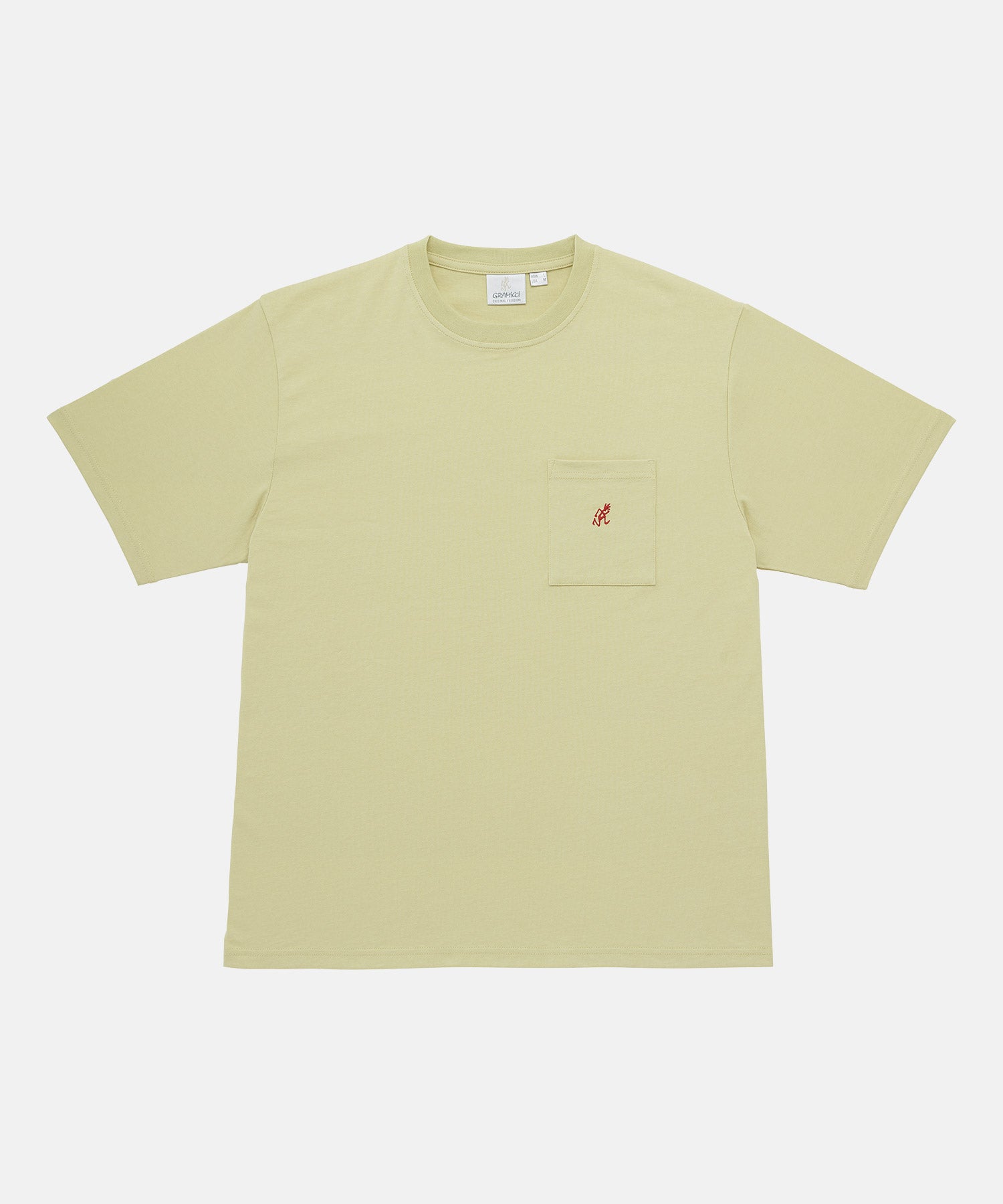 Gramicci lime green One Point Tee with a small running man graphic against a light-tone background.