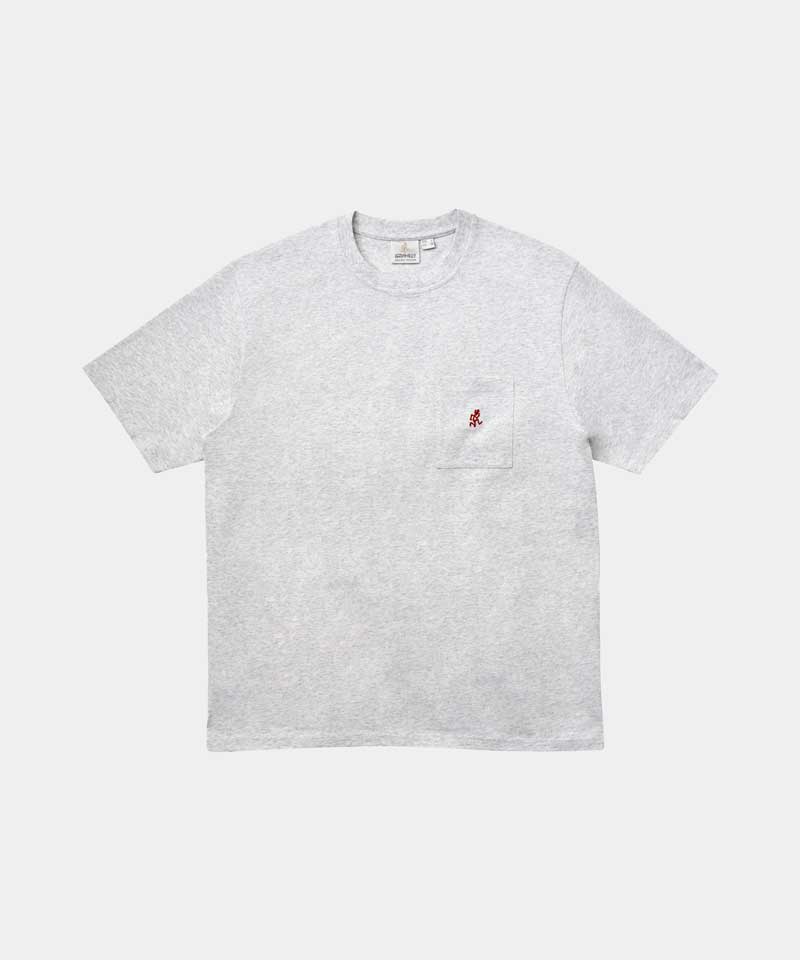 Gramicci heather grey One Point Tee with a small running man graphic against a light-tone background.