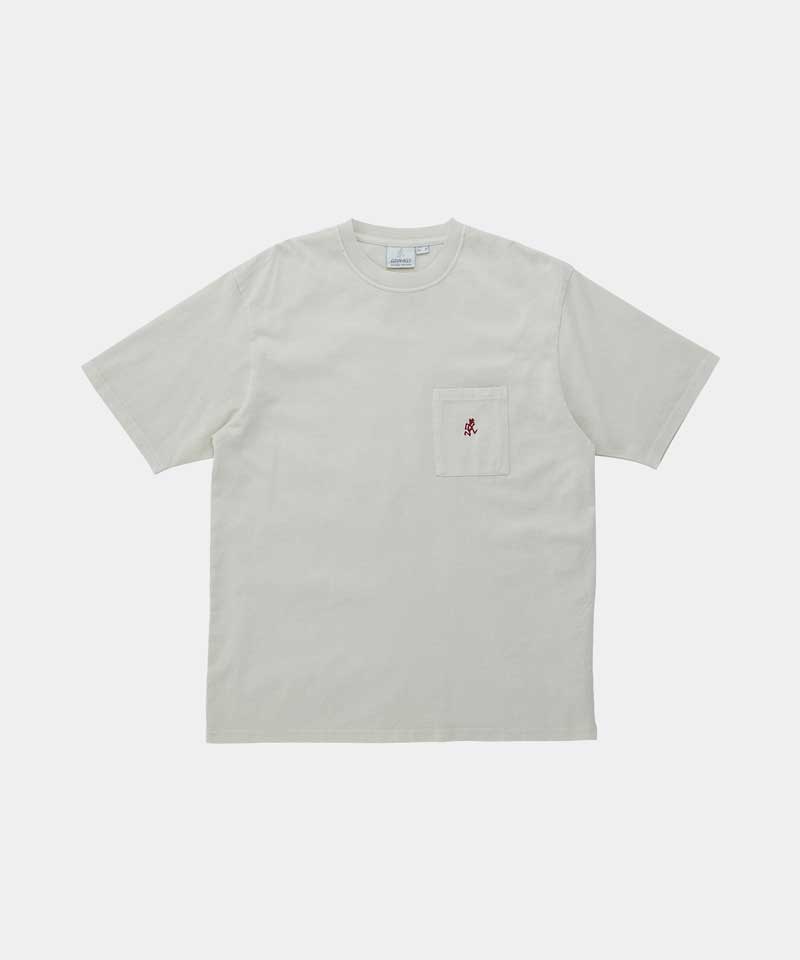 Gramicci sand pigment One Point Tee with a small running man graphic against a light-tone background.