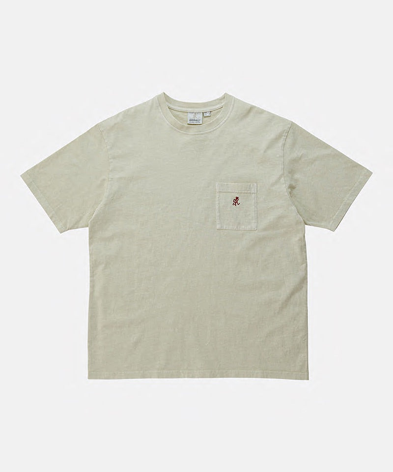 Gramicci natural pigment One Point Tee with a small running man graphic against a light-tone background.