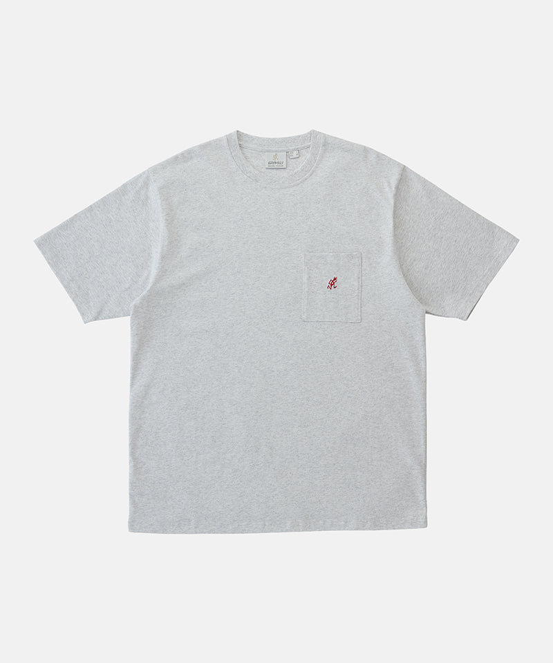 Gramicci heather ash One Point Tee with a small running man graphic against a light-tone background.