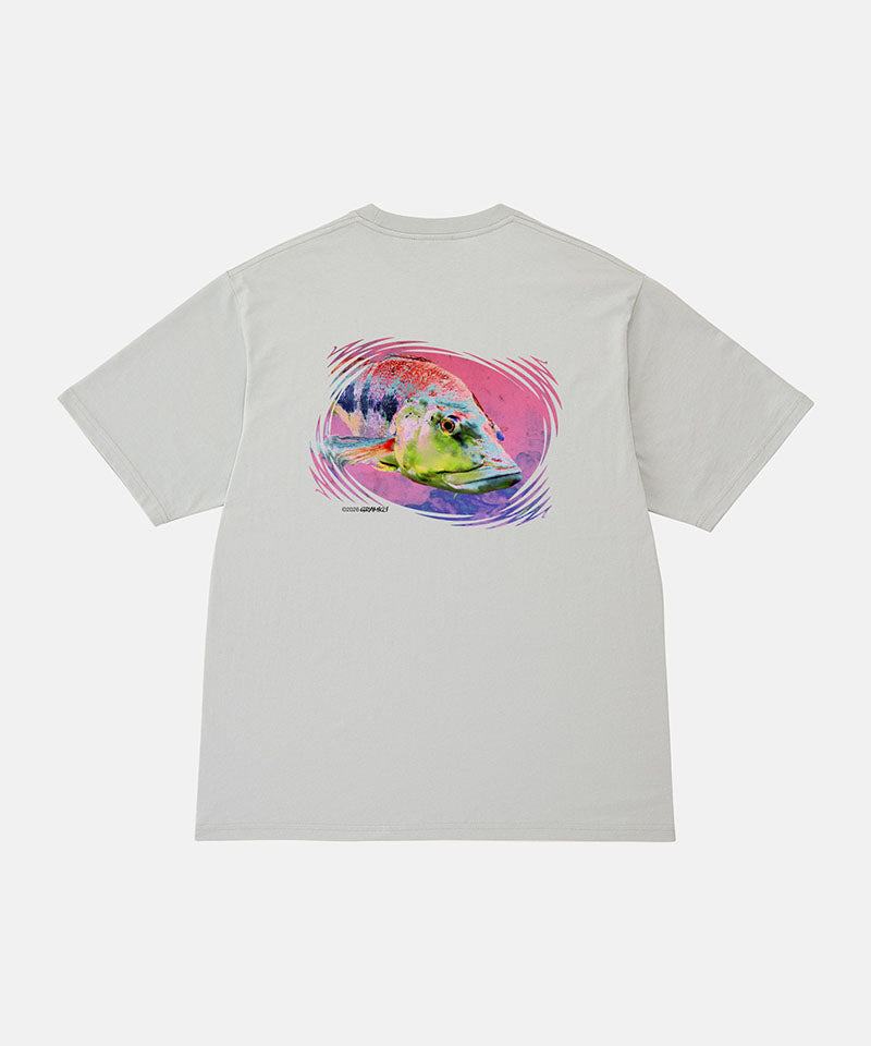 Back view of a Gramicci mist colored Bass Tee with a graphic against a light-tone background.