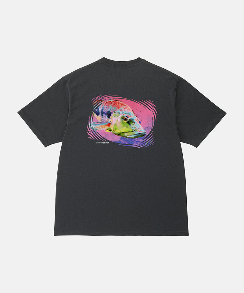 Back view of a Gramicci vintage black Bass Tee with a graphic against a light-tone background.