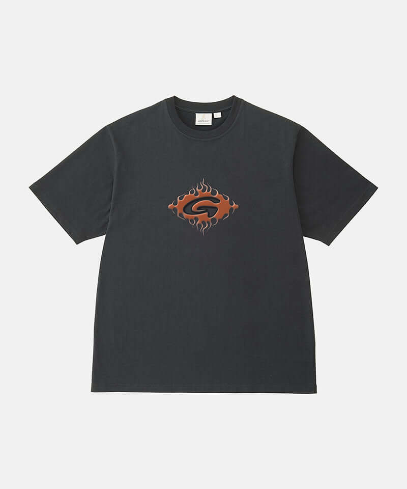 Gramicci vintage black Flames Tee with a graphic against a light-tone background.