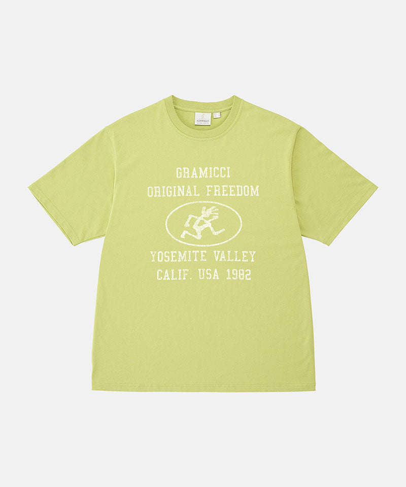 Gramicci sweet pea colored Yosemite Valley Tee with a graphic against a light-tone background.