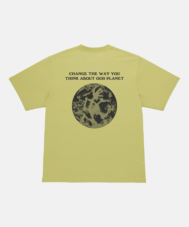 Back view of a Gramicci sweet pea colored Earth Tee with a graphic against a light-tone background.