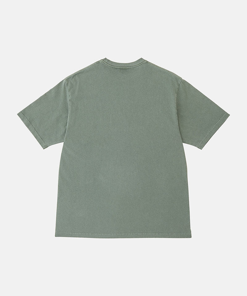 Back view of a Gramicci sage pigment colored Bone Tee Pigment Dyed against a light-tone background.
