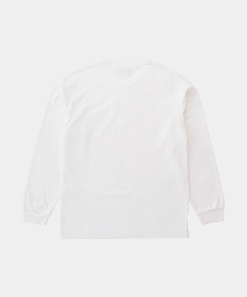 Back view of a Gramicci white One Point Logo Long Sleeve Tee against a light-tone background.
