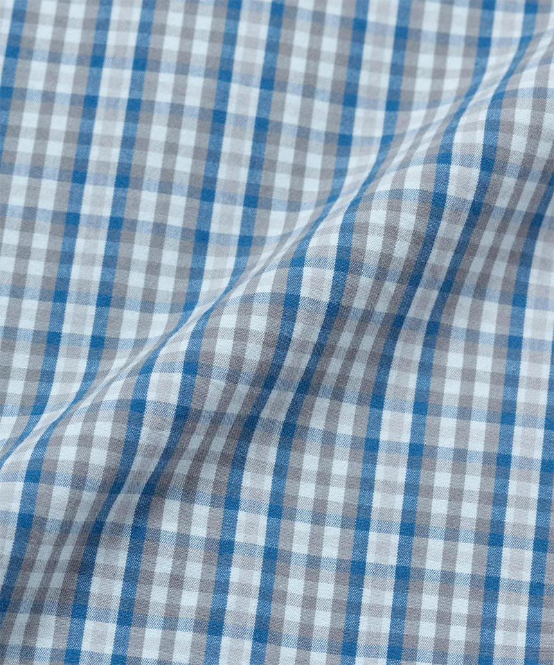Gramicci blue plaid Poplin Millwood Shirt fabric swatch.