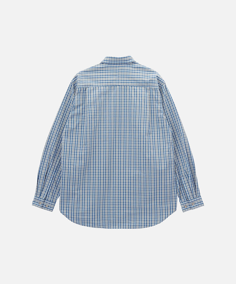 Back view of a Gramicci blue plaid Poplin Millwood Shirt against a light-tone background.