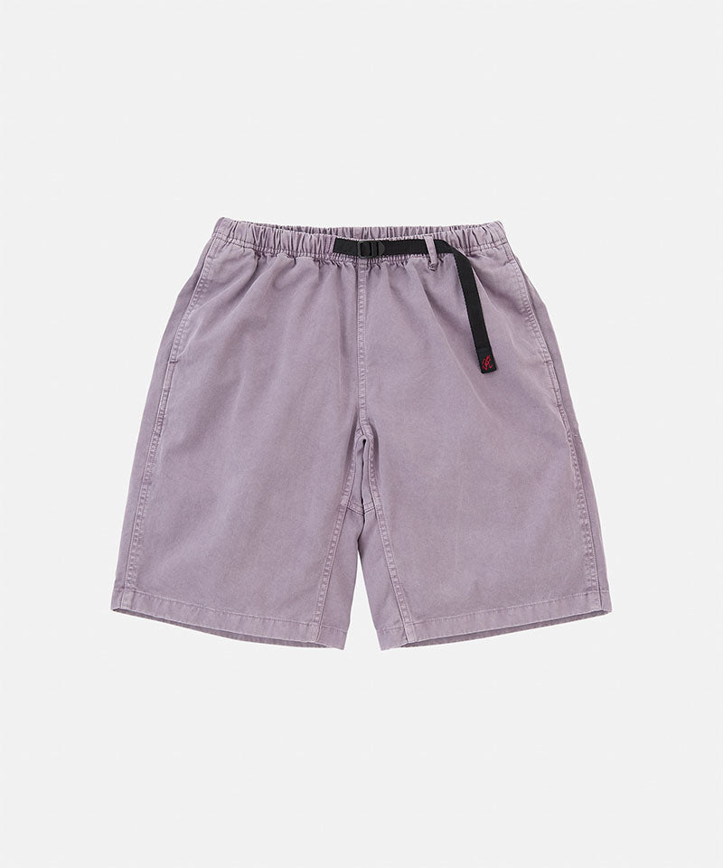 Purple Gramicci Natural Dyed Jam Short with a black belt against a light-tone background.