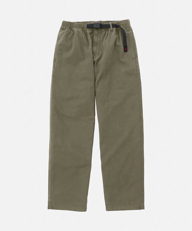 Natural Dyed Gramicci Pant Straight Fit in olive with a black belt against a light-tone background.