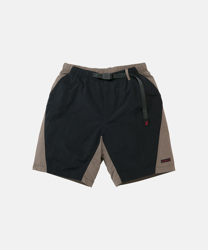 Black Gramicci Nylon Block Shorts with a belt against a light-tone background.