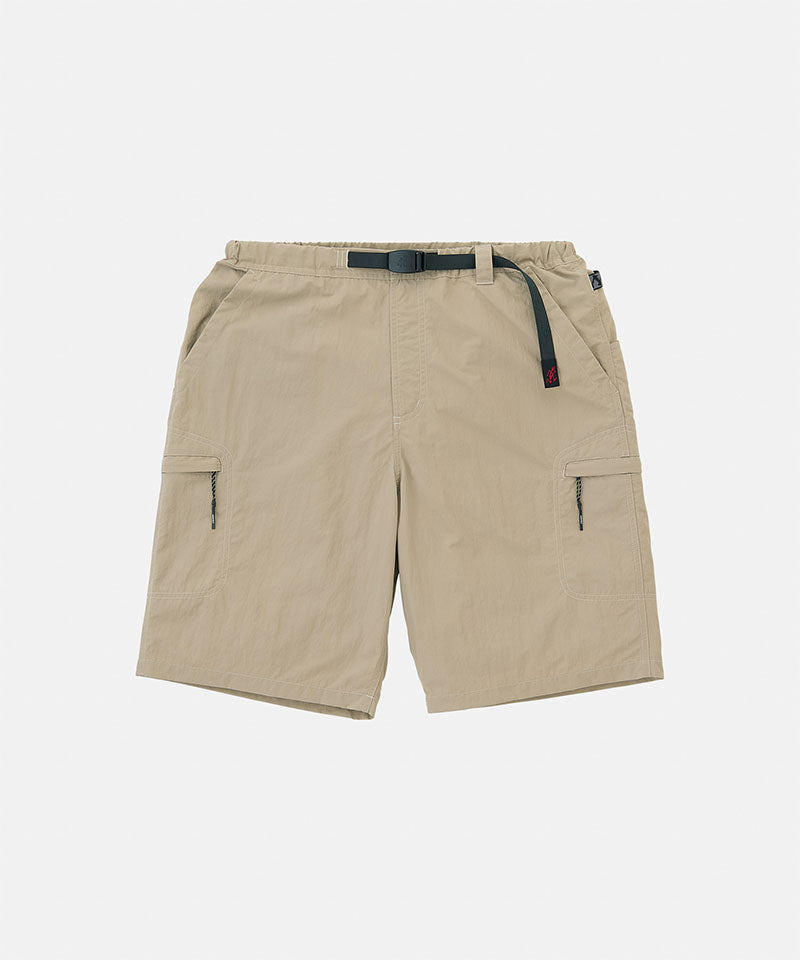 Milk tea colored Gramicci Nylon Cliff Short with a belt against a light-tone background.