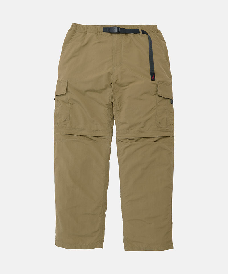 Khaki Gramicci Convertible Cargo Pants with a belt against a light-tone background.