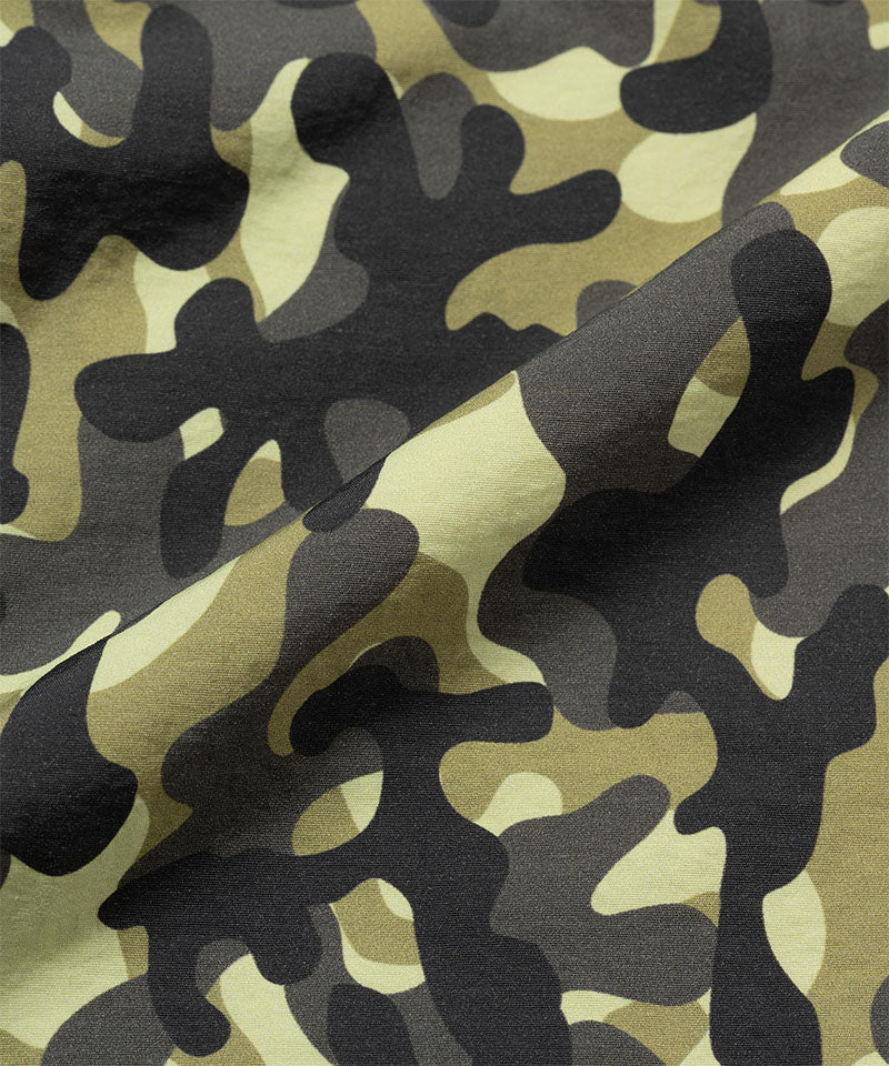 Gramicci olive camo colored Nylon Reef Shorts fabric swatch.