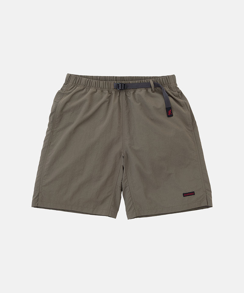 Granite colored Gramicci Nylon Packable G-Shorts with a belt against a light-tone background.