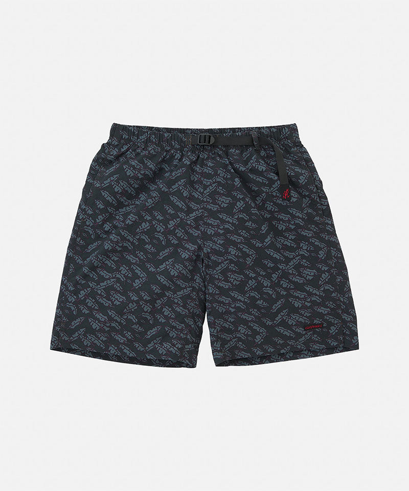 Navy leaf Gramicci Nylon Packable G-Shorts with a belt against a light-tone background.