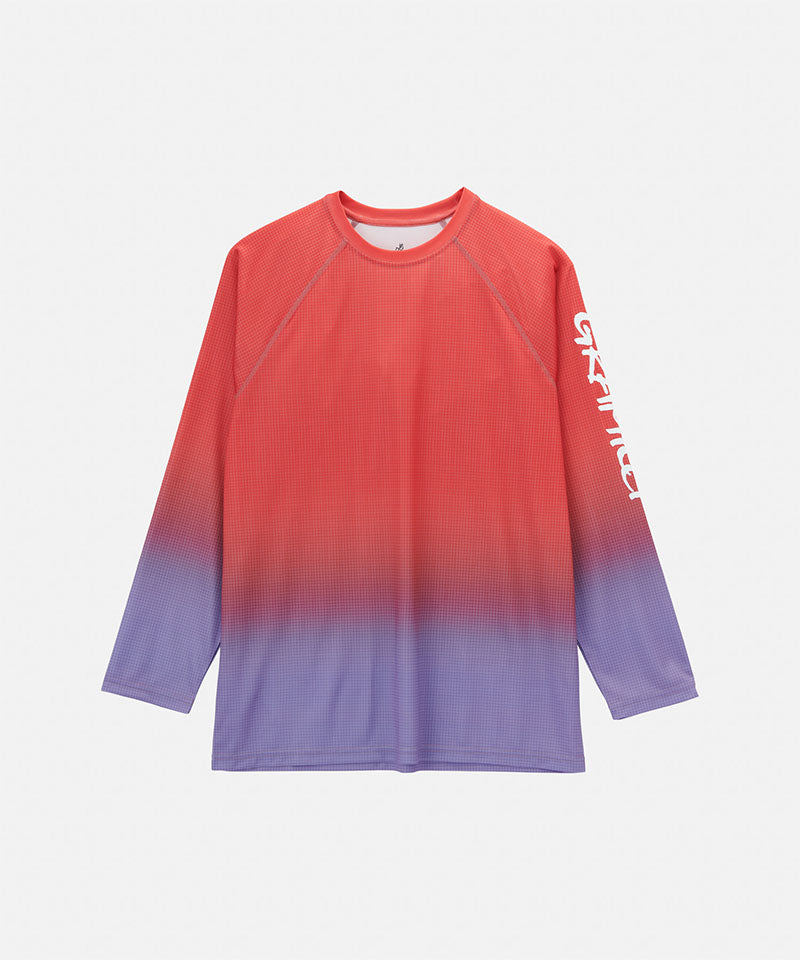 Gramicci red gradient UPF Shield S/S Top with a sleeve graphic against a light-tone background.