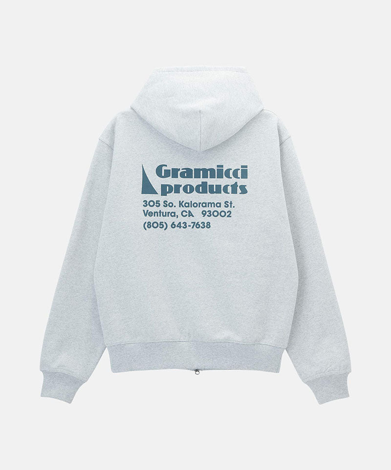 Back view of a Gramicci heather ash G-Sail Zip Hooded Sweatshirt with a teal graphic against a light-tone background.