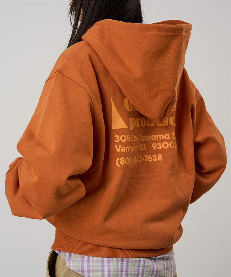 Back view of a Gramicci orange G-Sail Zip Hooded Sweatshirt with a light orange graphic against a light-tone background.