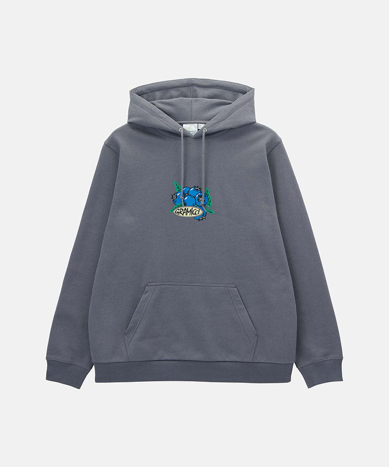 Gramicci charcoal Blueberry Hooded Sweatshirt with a graphic against a light-tone background.