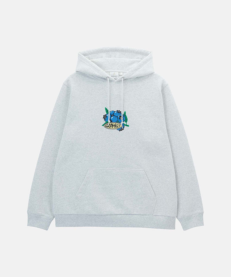 Gramicci Blueberry Hooded Sweatshirt with blueberry graphic in heather ash against a light tone background.