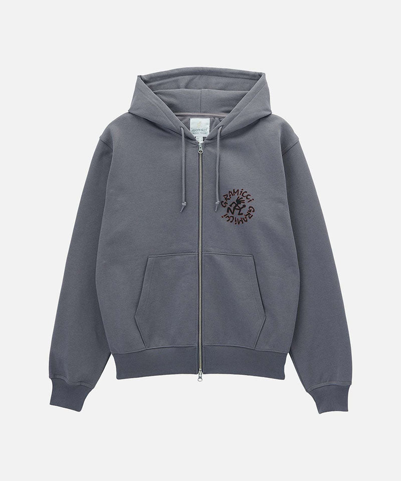 Charcoal Gramicci Running Man Zip Hooded Sweatshirt against a light-tone background.