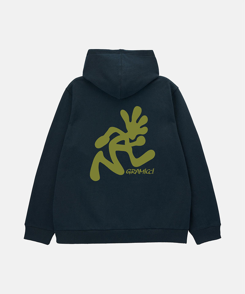 Back view of a Gramicci vintage black Running Man Hooded Sweatshirt with an olive green graphic against a light-tone background.