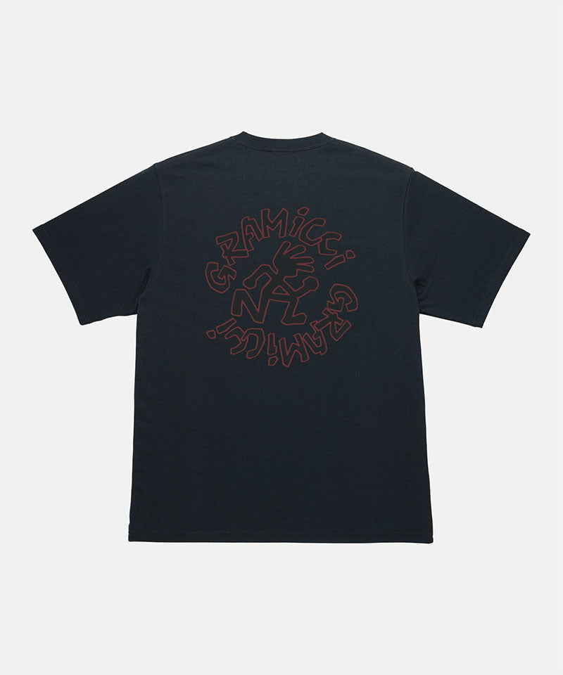 Rear view of the Gramicci Running Man Tee with graphic in black against a light tone background.