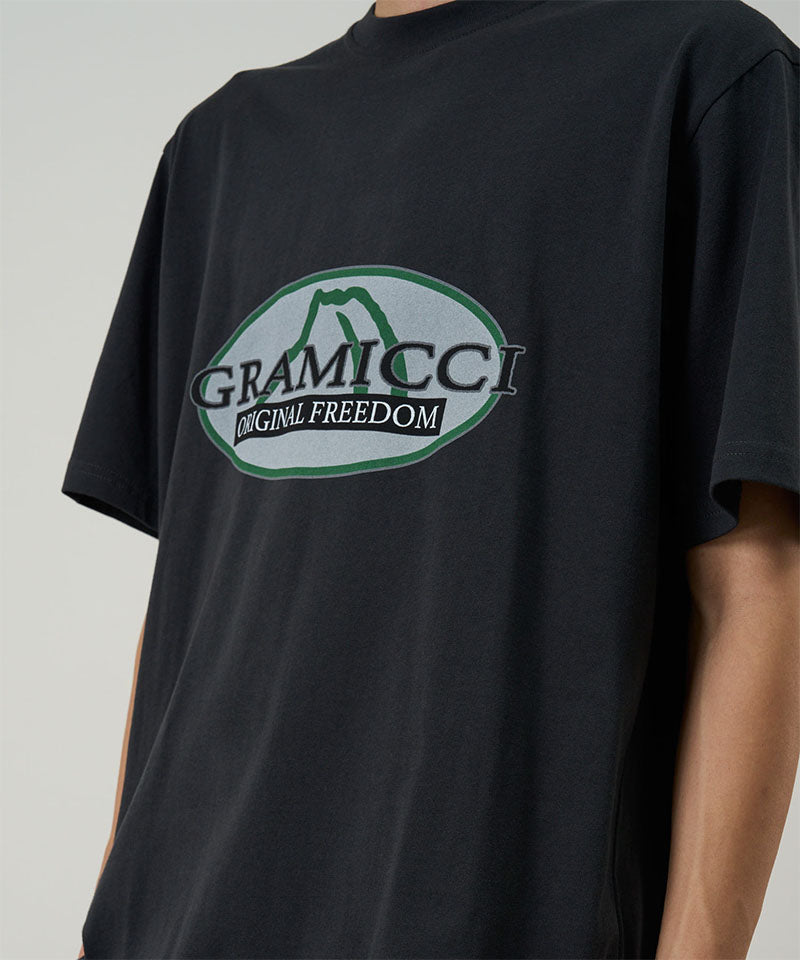 Model wearing a Gramicci vintage black Half Dome Tee with grey and green graphic against a light tone background.