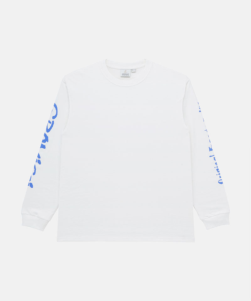 Gramicci white Freedom L/S Tee with blue graphic on sleeves against a light tone background.