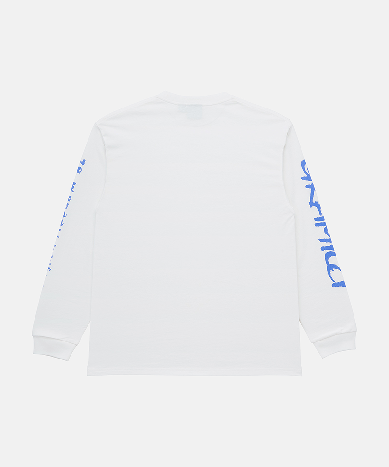 Back view of a Gramicci white Freedom L/S Tee with blue graphic on sleeves against a light tone background.