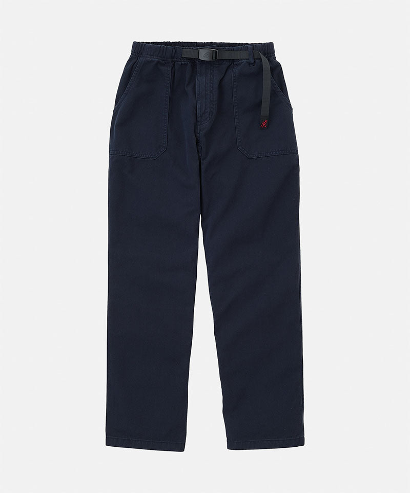 Double navy Gramicci Women's Brooks Pants with a belt against a light-tone background.