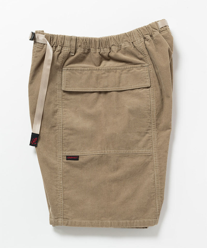 Beige Gramicci Women's Corduroy Utility Short with a beige belt against a light-tone background.