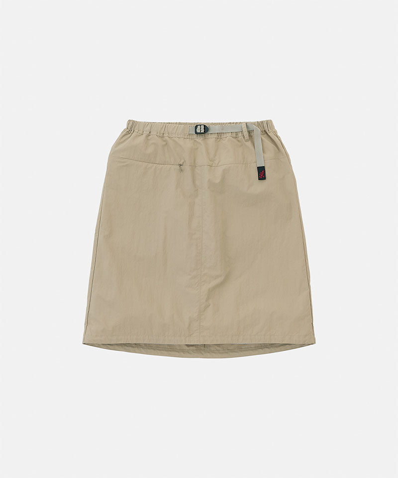 Gramicci milk tea colored Nylon Packable Midi Skirt against a light-tone background.
