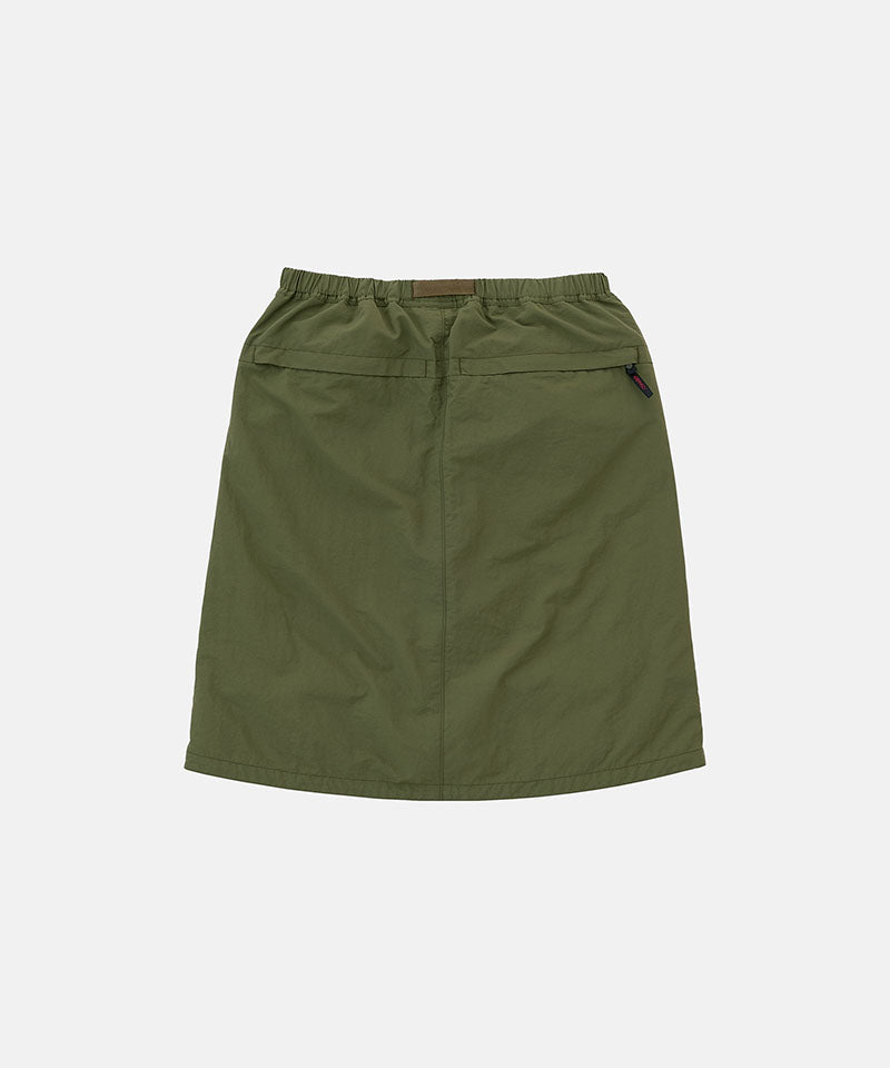 Back view of a Gramicci olive Nylon Packable Midi Skirt against a light-tone background.
