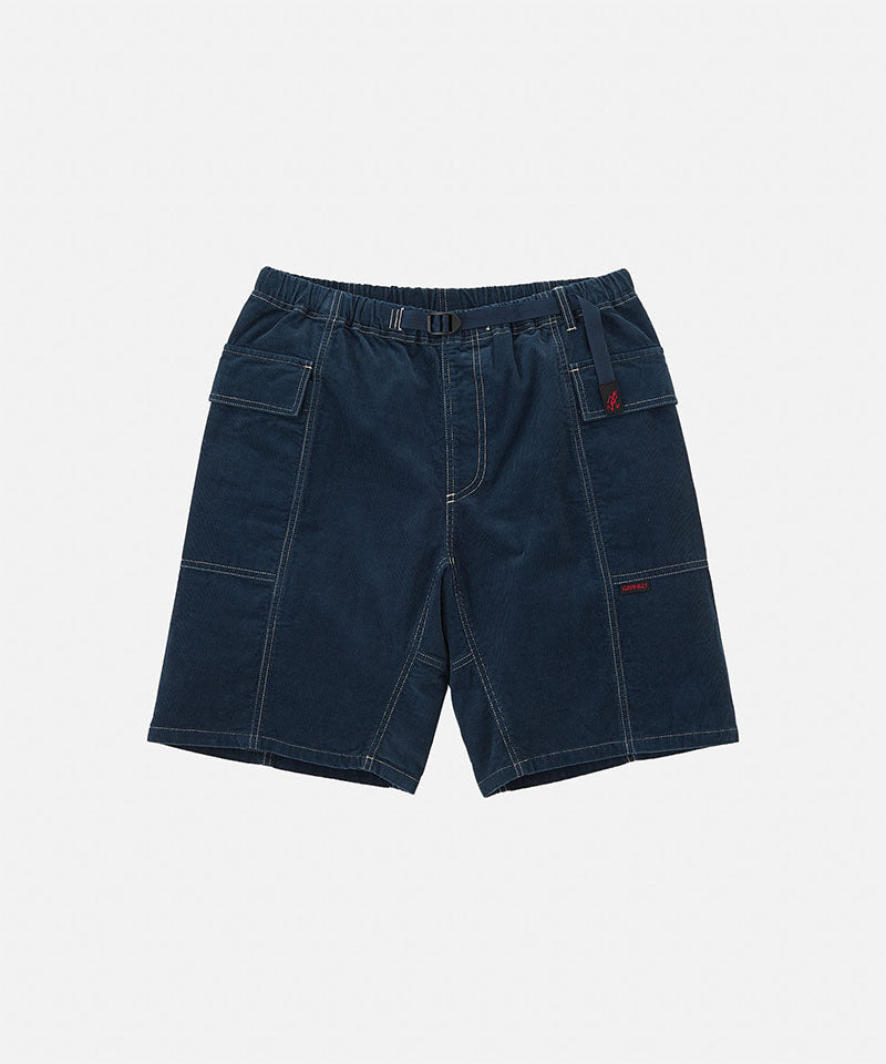 Beige Gramicci Women's Corduroy Utility Short with a black belt against a light-tone background.