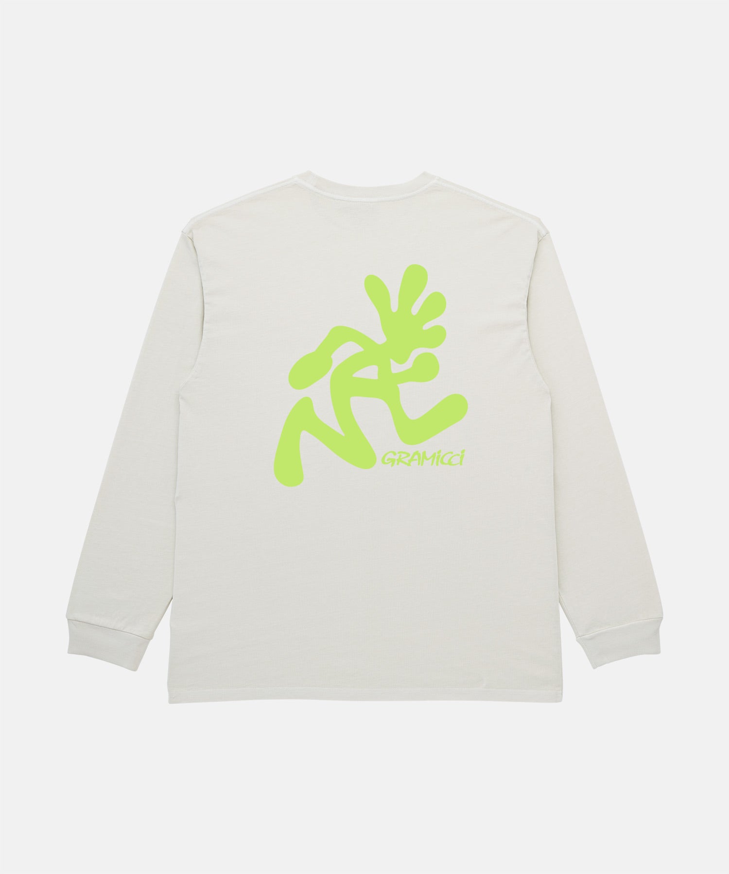 Back view of a Gramicci white Running Man L/S Tee Pigment Dyed with a lime green graphic against a light-tone background.