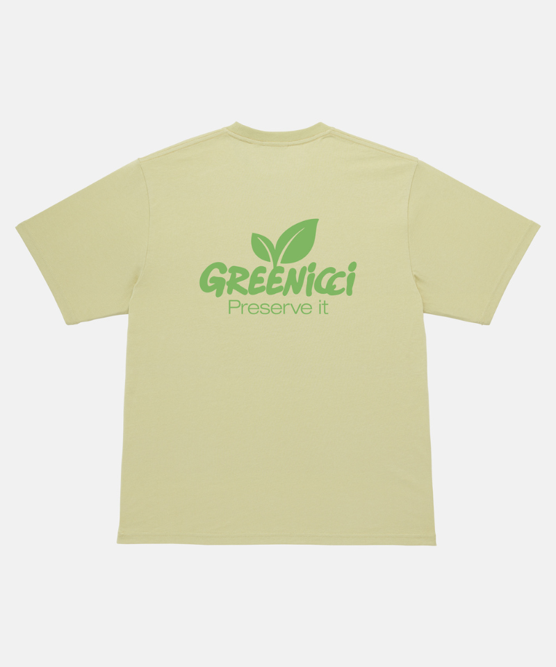 Light yellow t-shirt with green 'Greenicci' logo on a white background