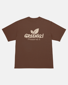 Back view of a Gramicci brown colored Gramicci Greenicci Tee with a tan Greenicci graphic against a light-tone background.