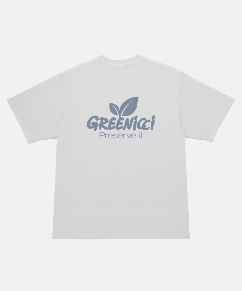 Back view of a Gramicci smoke colored Gramicci Greenicci Tee with a grey Greenicci graphic against a light-tone background.