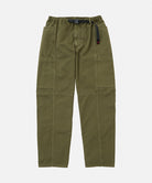 Army pigment colored Gramicci Voyager Pants with a belt against a light-tone background.