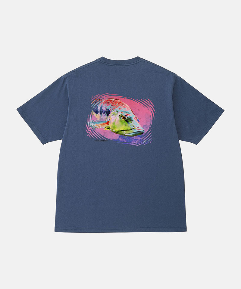 Back view of a Gramicci navy Bass Tee with a graphic against a light-tone background.