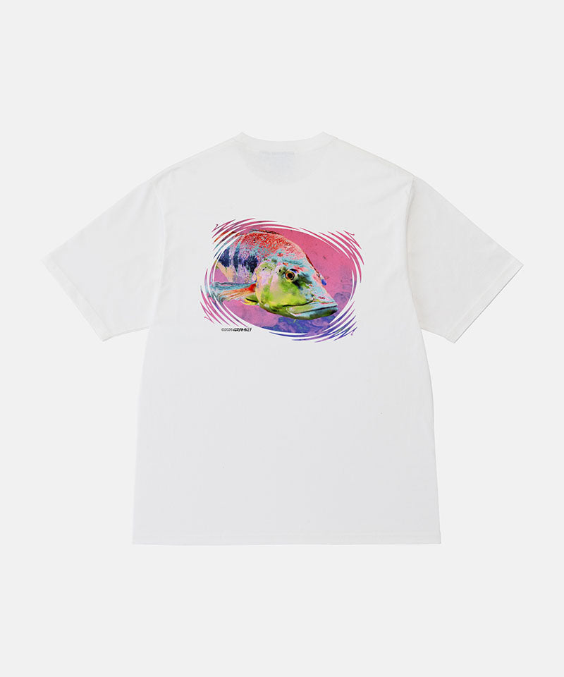 Back view of a Gramicci white Bass Tee with a graphic against a light-tone background.