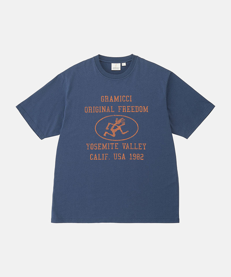 Gramicci navy Yosemite Valley Tee with a graphic against a light-tone background.