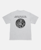 Back view of a Gramicci ash heather Earth Tee with a graphic against a light-tone background.