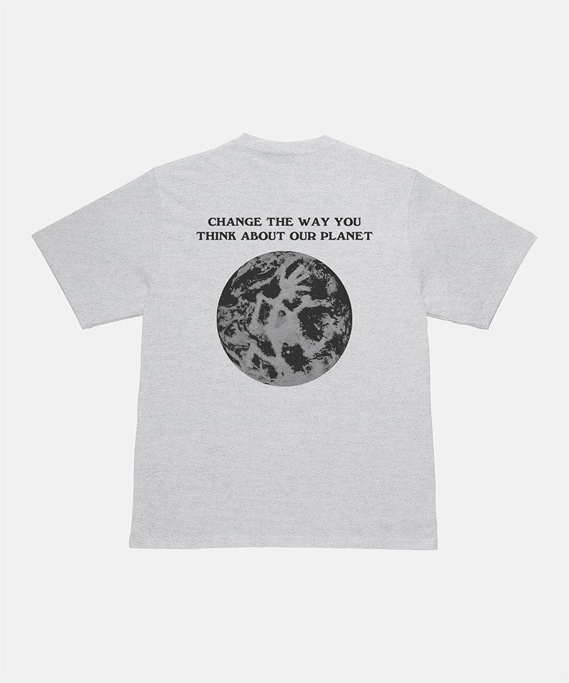 Back view of a Gramicci ash heather colored Earth Tee with a graphic against a light-tone background.