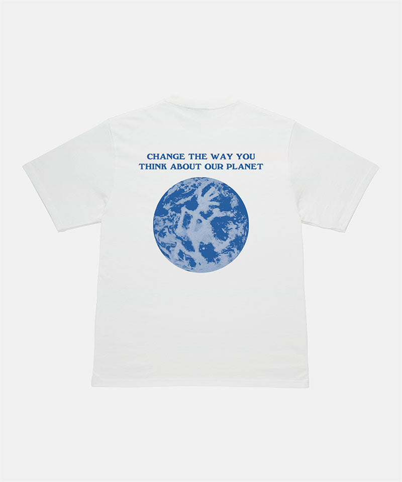 Back view of a Gramicci white Earth Tee with a graphic against a light-tone background.
